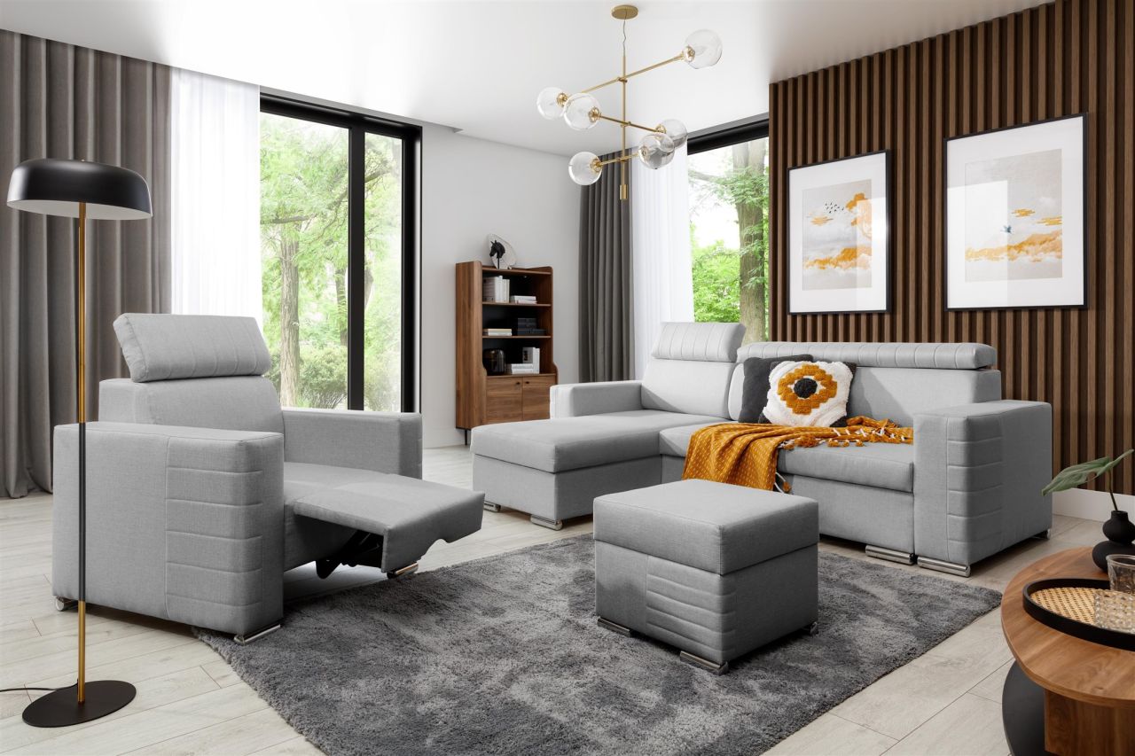 Ecksofa inkl. Hocker und Sessel CANTON Stoff Liverpool Aschgrau Ottomane Links