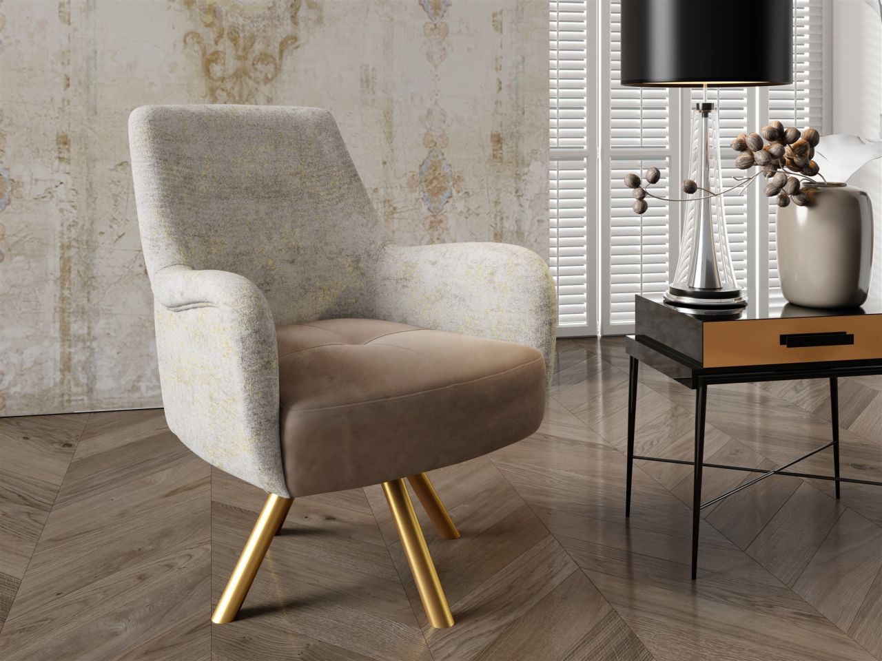 Sessel Drehsessel VALERIE in Stoff Touch Me und Elisa Velvet Cappuccino-Beige