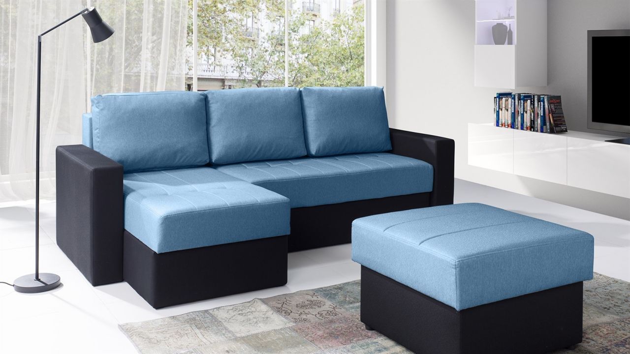 Ecksofa Schlafsofa LABRI inkl.Hocker Schwarz / Hellblau Ottomane Links