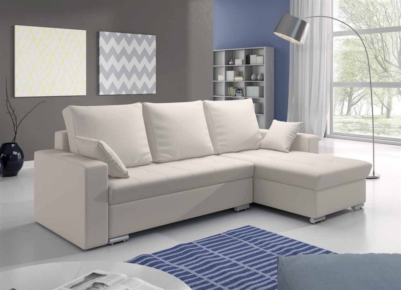Ecksofa Sofa ADARA mit Schlaffunktion Kunstleder Weiss Ottomane Rechts