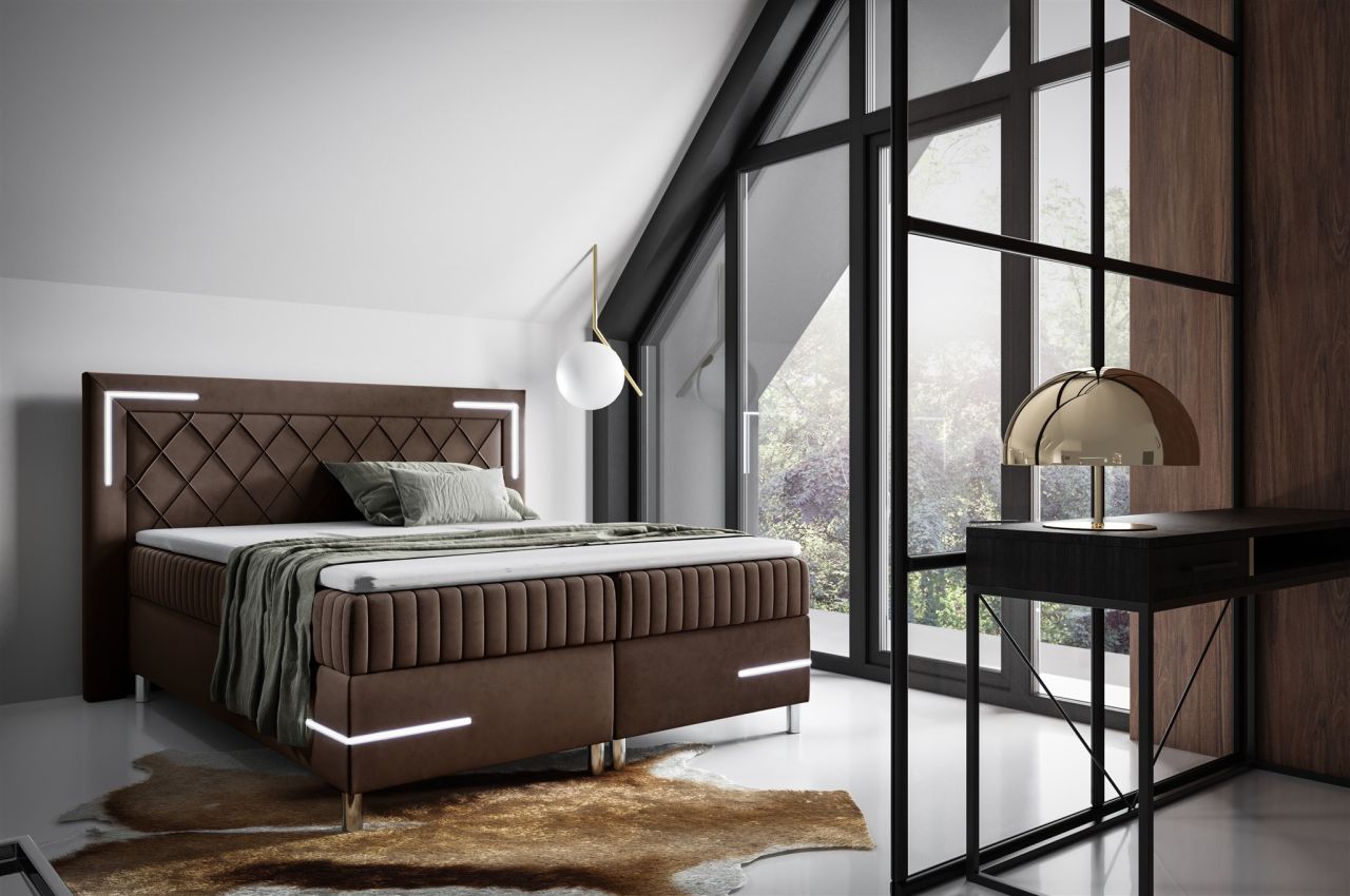 Boxspringbett Schlafzimmerbett 200x200cm AMORE Nr.3 Braun inkl. LED-Beleuchtung
