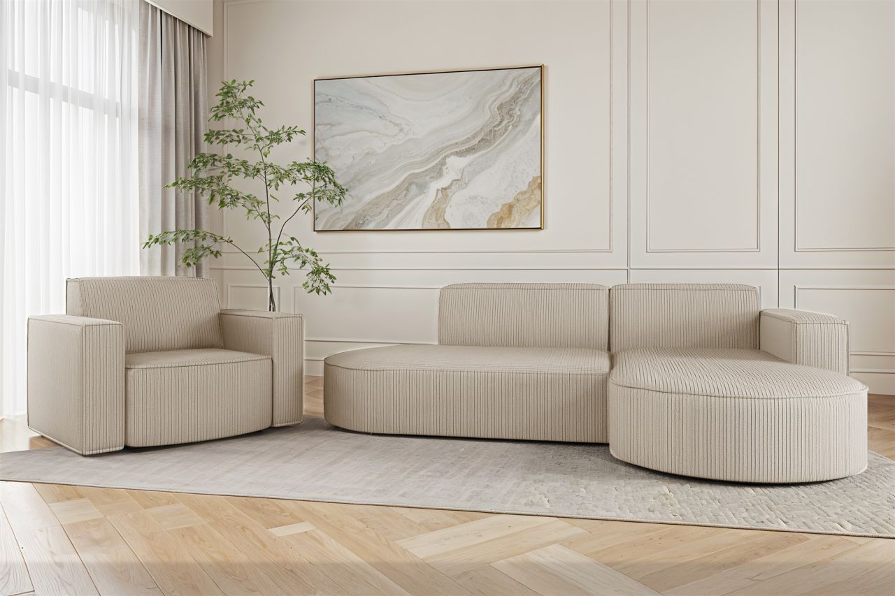 Sofa Set 2-teilig Sessel und Ecksofa PALMA XS Stoff Scala Sand Ottomane Rechts