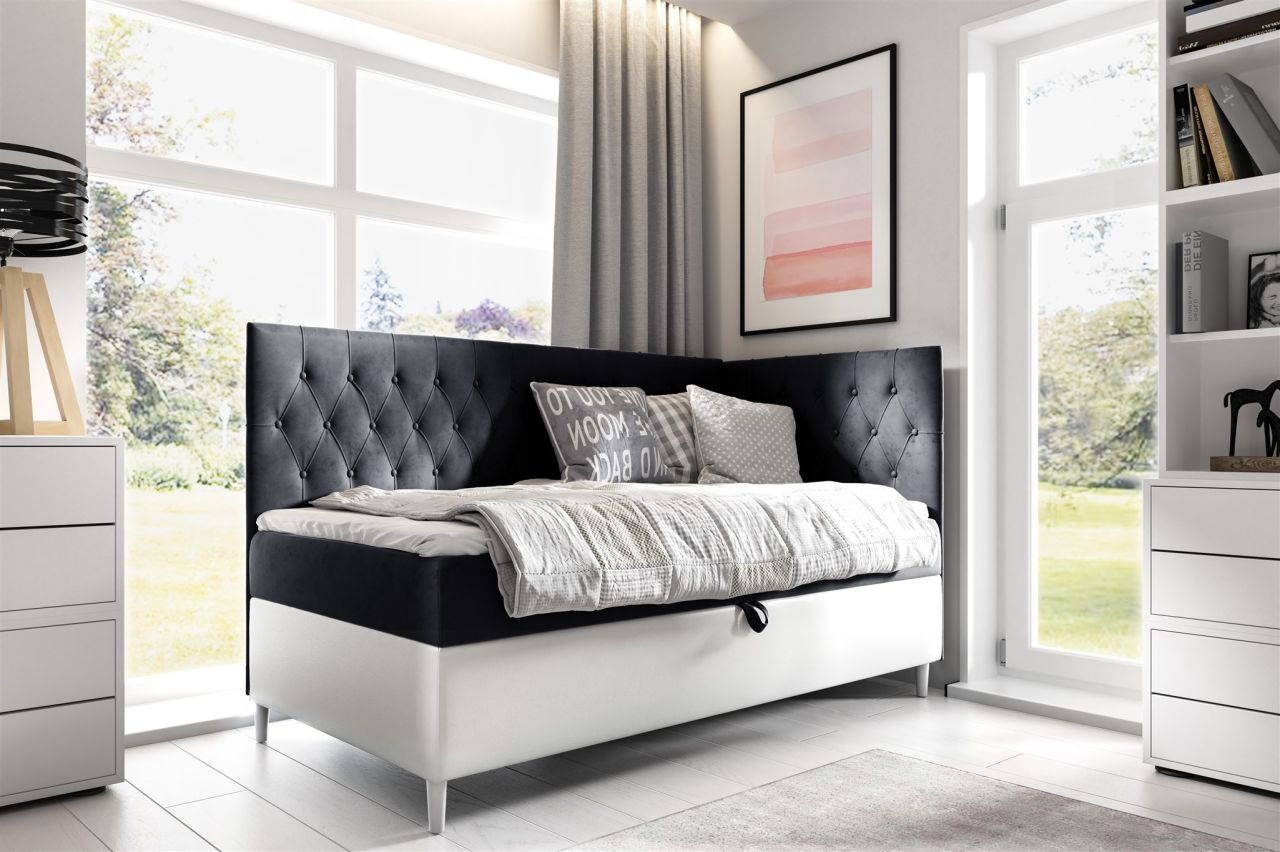 Boxspringbett Gästebett Kinderbett FINJA Nr.3 80x200cm Weiss-Schwarz Seite Re...