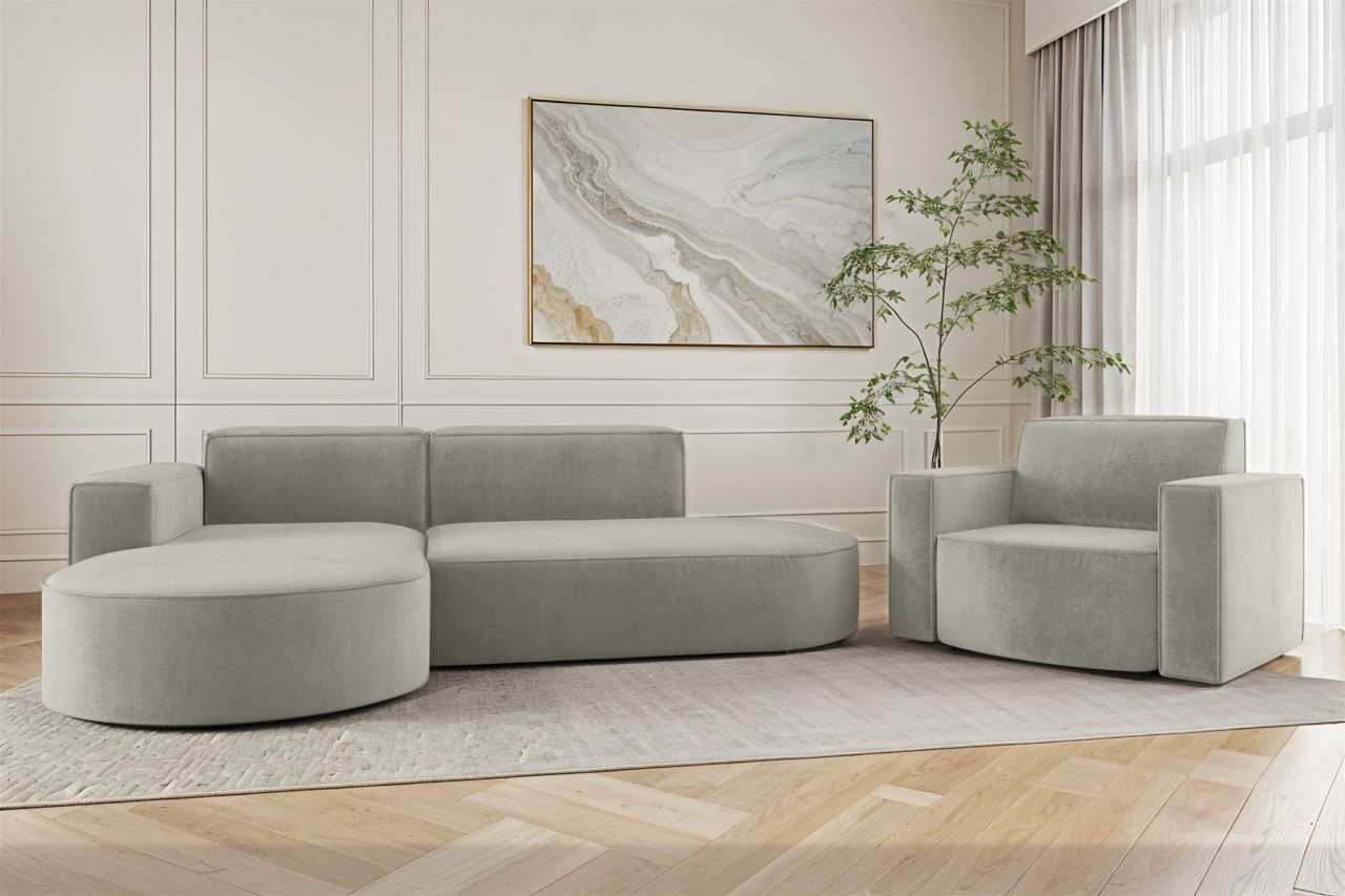 Sofa Set 2-teilig Sessel und Ecksofa PALMA XS Stoff Noel Hellgrau Ottomane Links