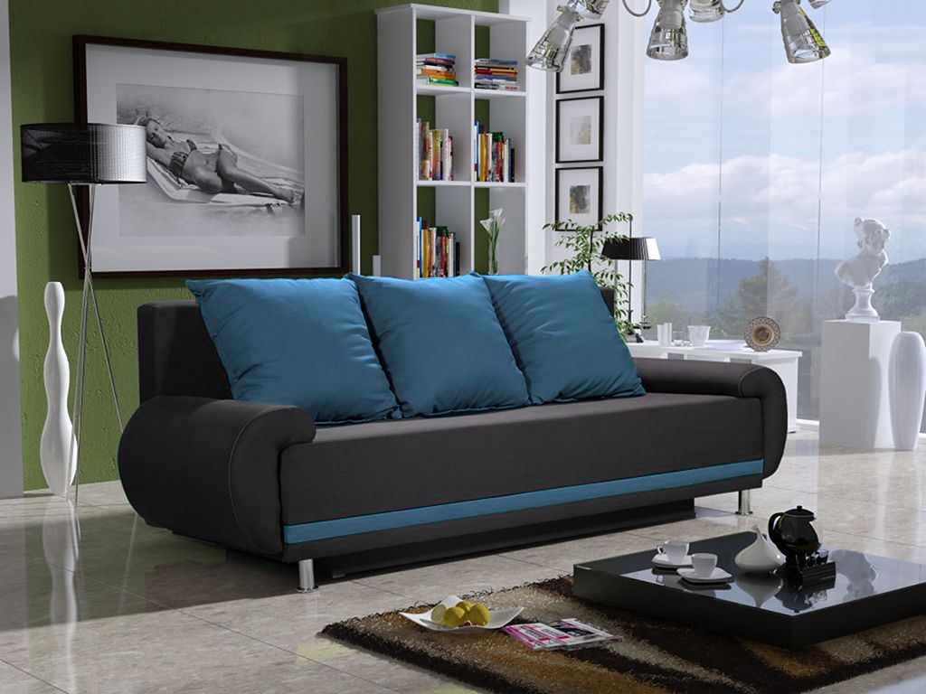 Sofa Designersofa MIKA 3-Sitzer mit Schlaffunktion Anthrazit- Hellblau