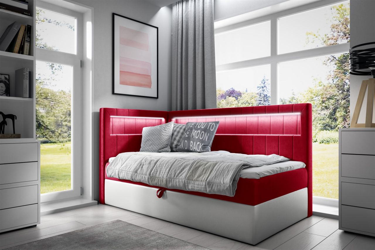 Boxspringbett Gästebett Kinderbett FABIAN Nr.3 90x200cm Weiss-Rot Seite Links