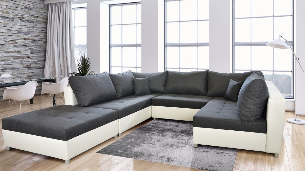 Wohnlandschaft Sofa ANDRO mit Schlaffunktion Weiss-Dunkelgrau / Speed