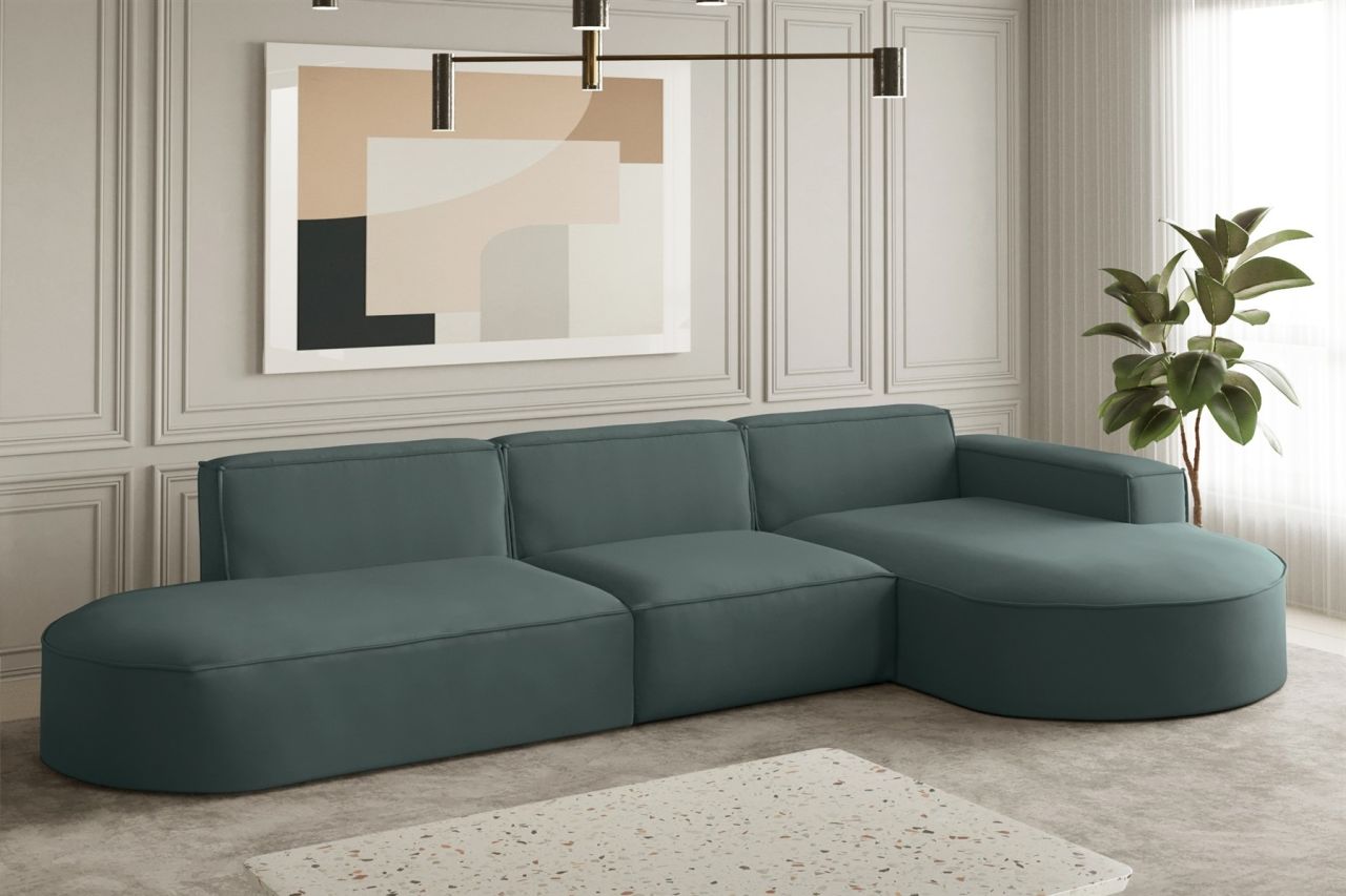 Ecksofa Designersofa PALMA in Stoff Opera Velvet Opalgrün Ottomane Rechts