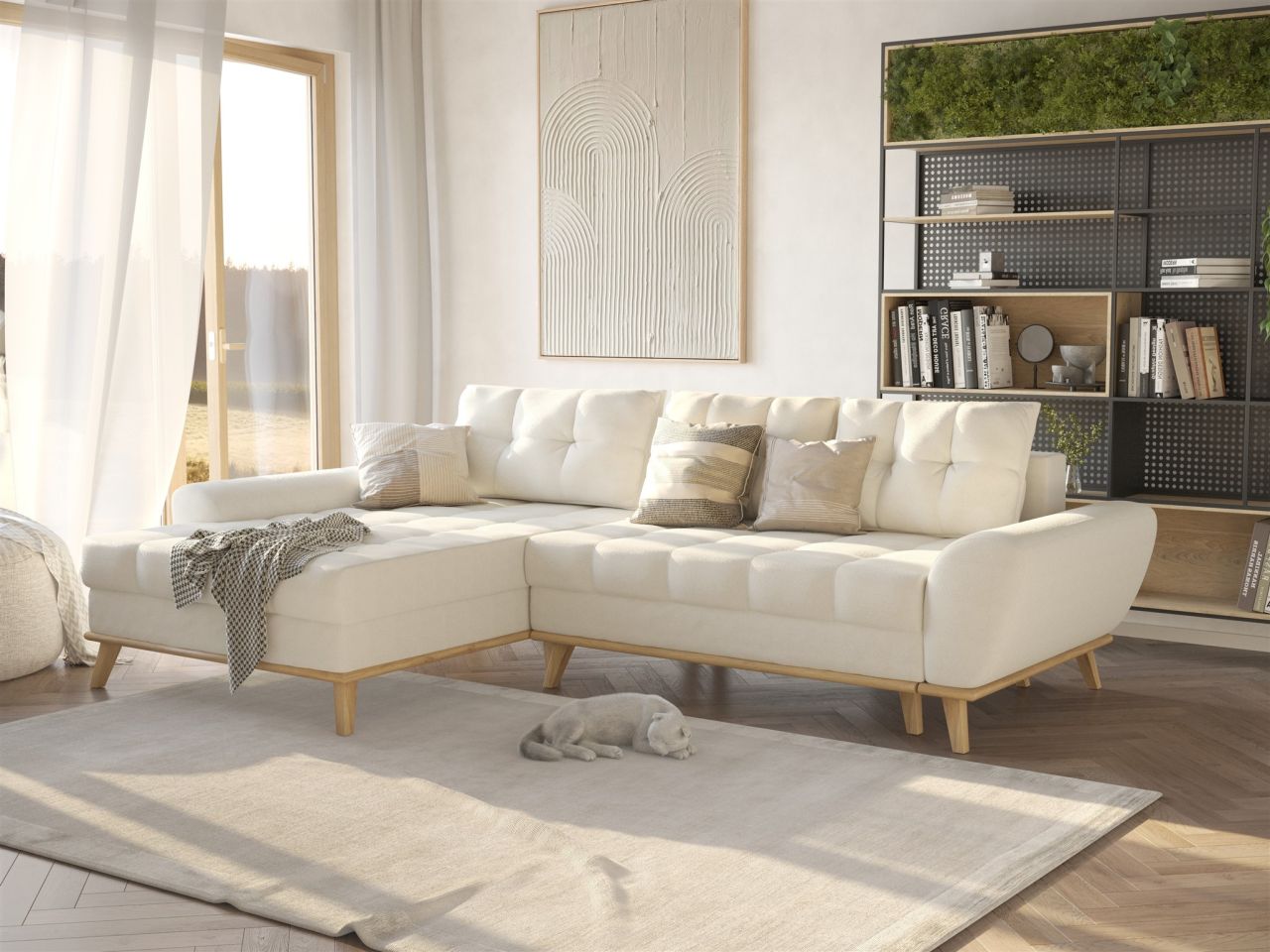 Ecksofa Schlafsofa Sofa MARTINA Stoff Enjoy Creme Ottomane Links