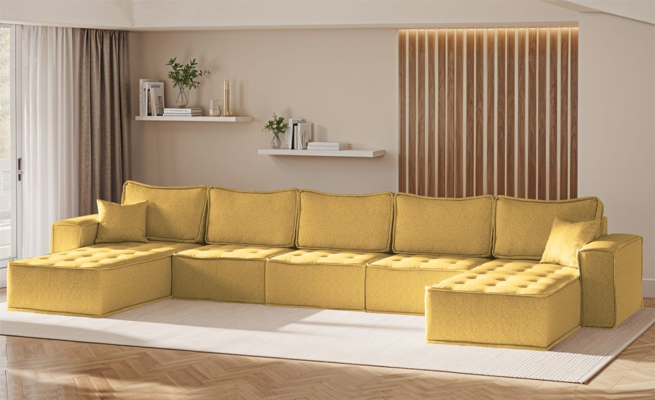 Wohnlandschaft Sofa U-Form Modulsofa-Set 5-teilig SANDE Stoff Raven Honiggelb