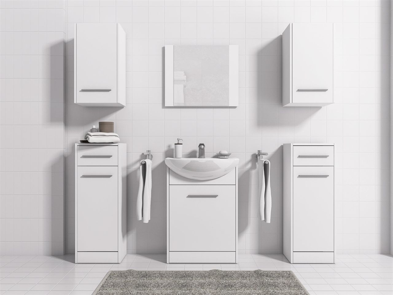 Badmöbel Set 7-Tlg Weiss matt PERM Nr.4 inkl.Waschtisch