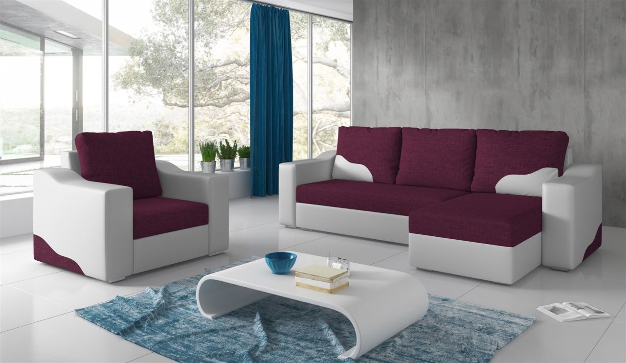 Ecksofa Set COLLIN Ottomane Rechts + Sessel Weiss / Violett