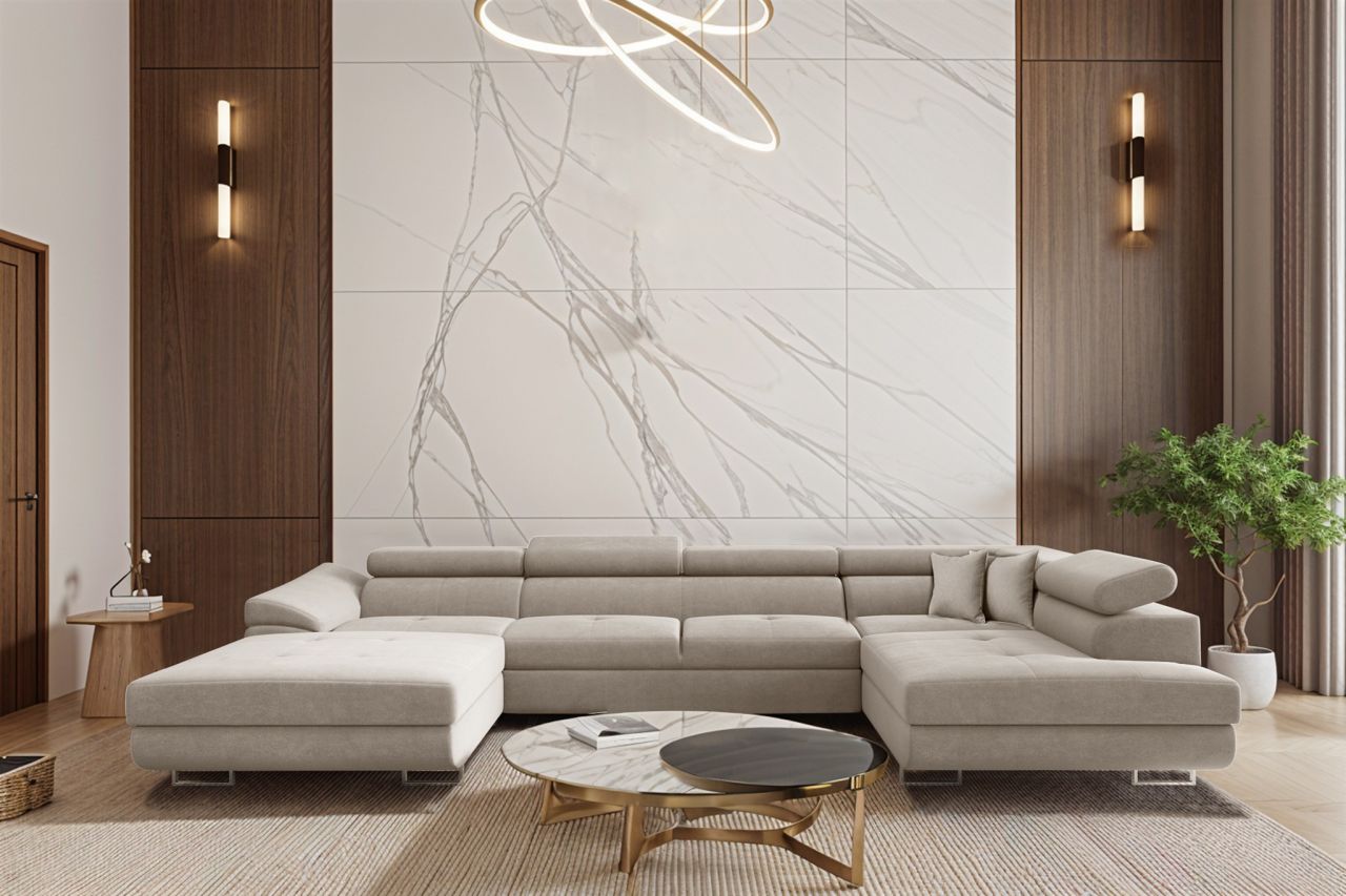 Wohnlandschaft Schlafsofa Sofa CARMELO in Stoff Nova Hellgrau Ottomane Links