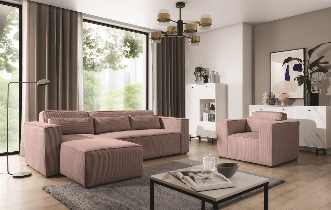 Ecksofa Schlafsofa inkl. Sessel WALDO Stoff Poso Altrosa Ottomane Links