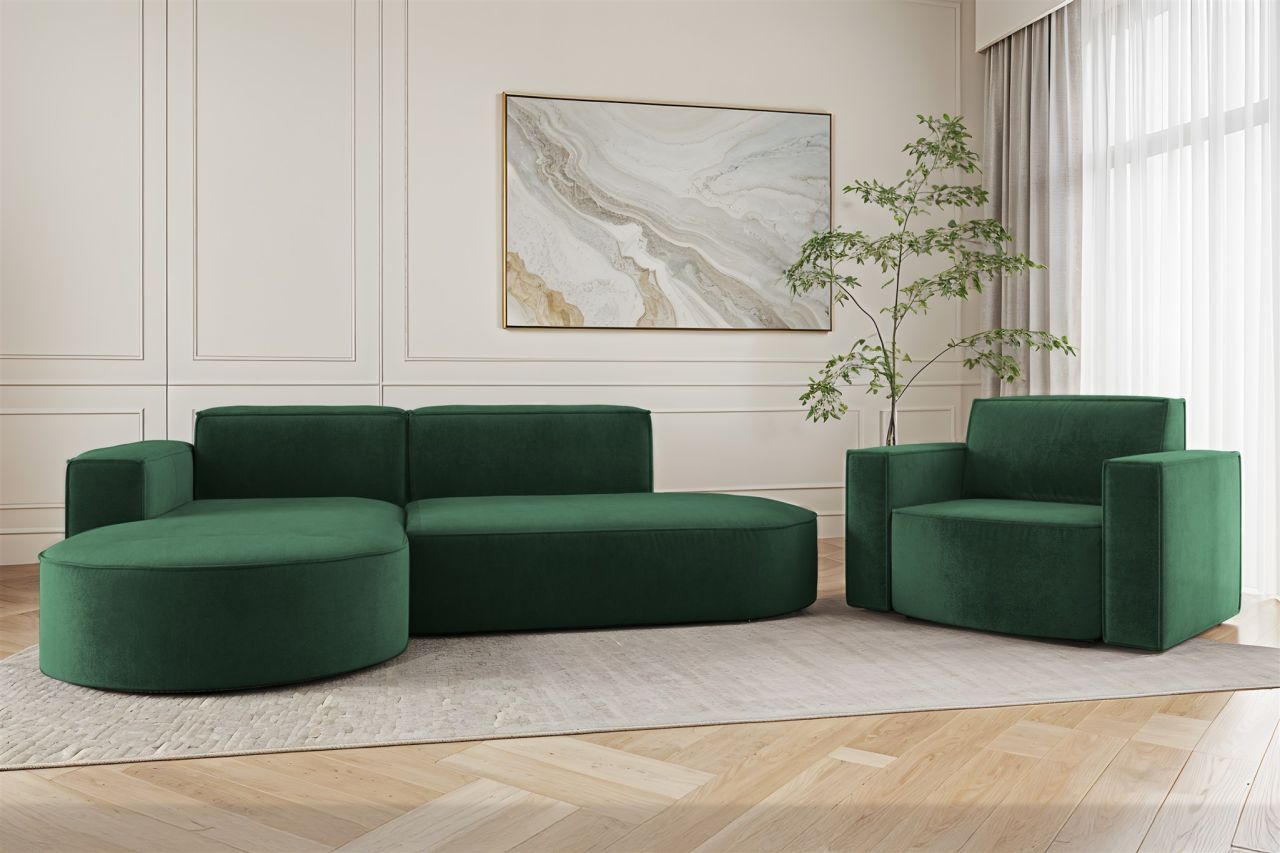 Sofa Set 2-teilig Sessel und Ecksofa PALMA XS Stoff Noel Grün Ottomane Links