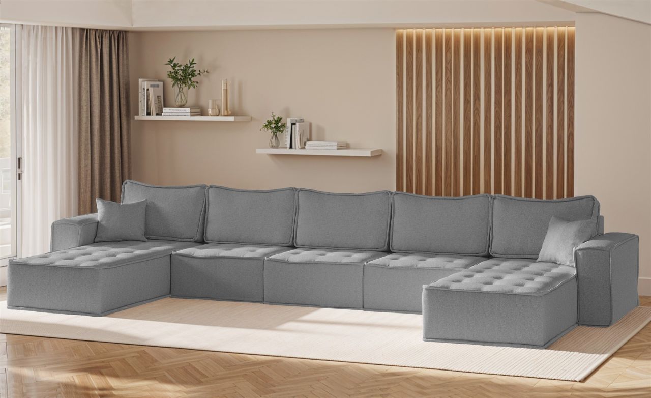 Wohnlandschaft Sofa U-Form Modulsofa-Set 5-teilig SANDE Stoff Raven Grau