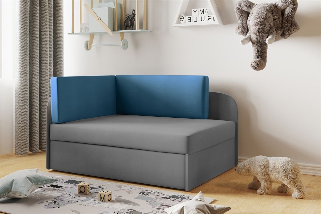 Sofa Kindersofa Schlafsofa inkl. Bettkasten MAILO Seite Rechts Stoff Grau / Blau