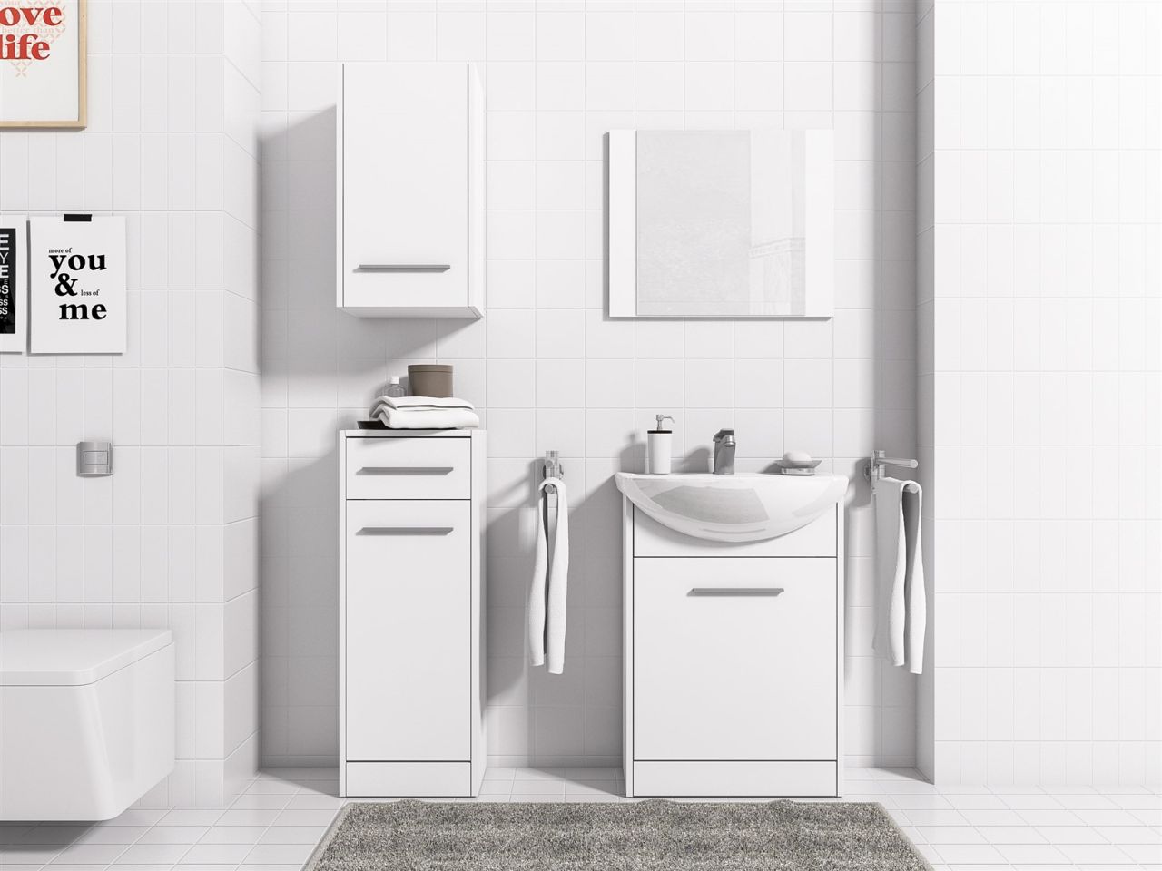 Badmöbel Set 5-Tlg Weiss matt PERM inkl.Waschtisch