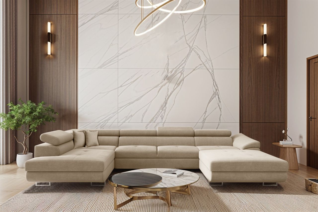 Wohnlandschaft Schlafsofa Sofa CARMELO in Stoff Nova Beige Ottomane Rechts