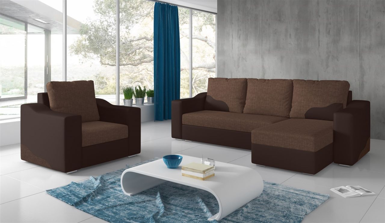 Ecksofa Set COLLIN Ottomane Rechts + Sessel Braun / Hellbraun