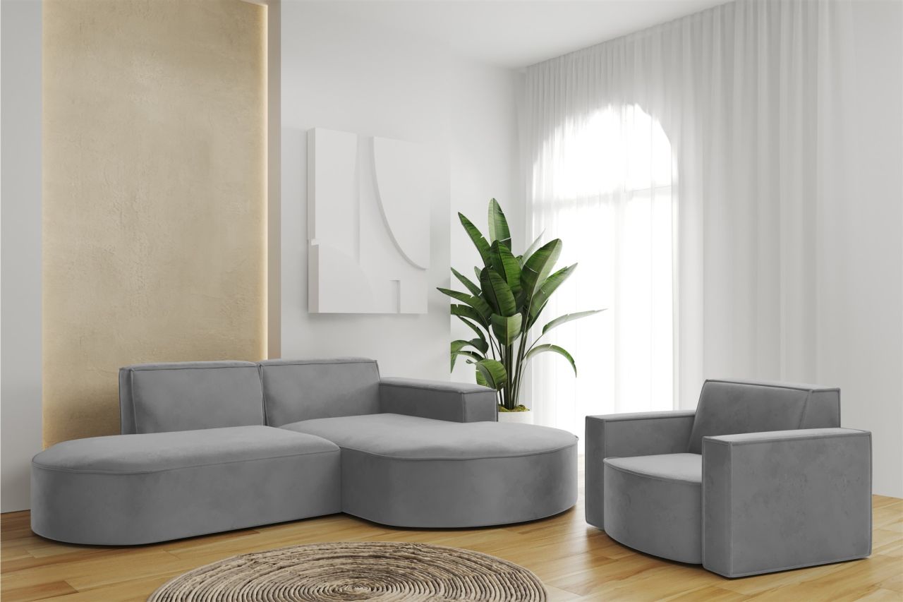 Sofa Set 2-teilig Sessel und Ecksofa PALMA XS Stoff Opera Grau Ottomane Rechts