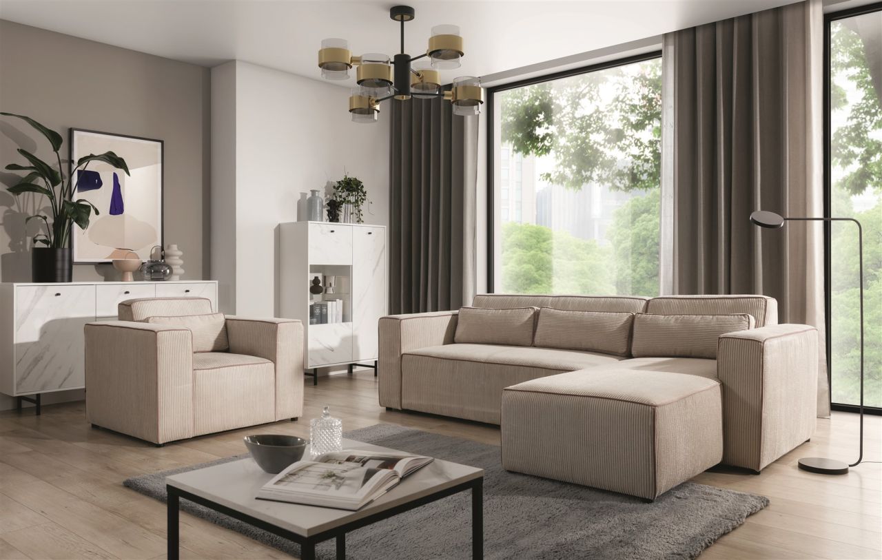 Ecksofa Schlafsofa inkl. Sessel WALDO Stoff Poso Beige Ottomane Rechts