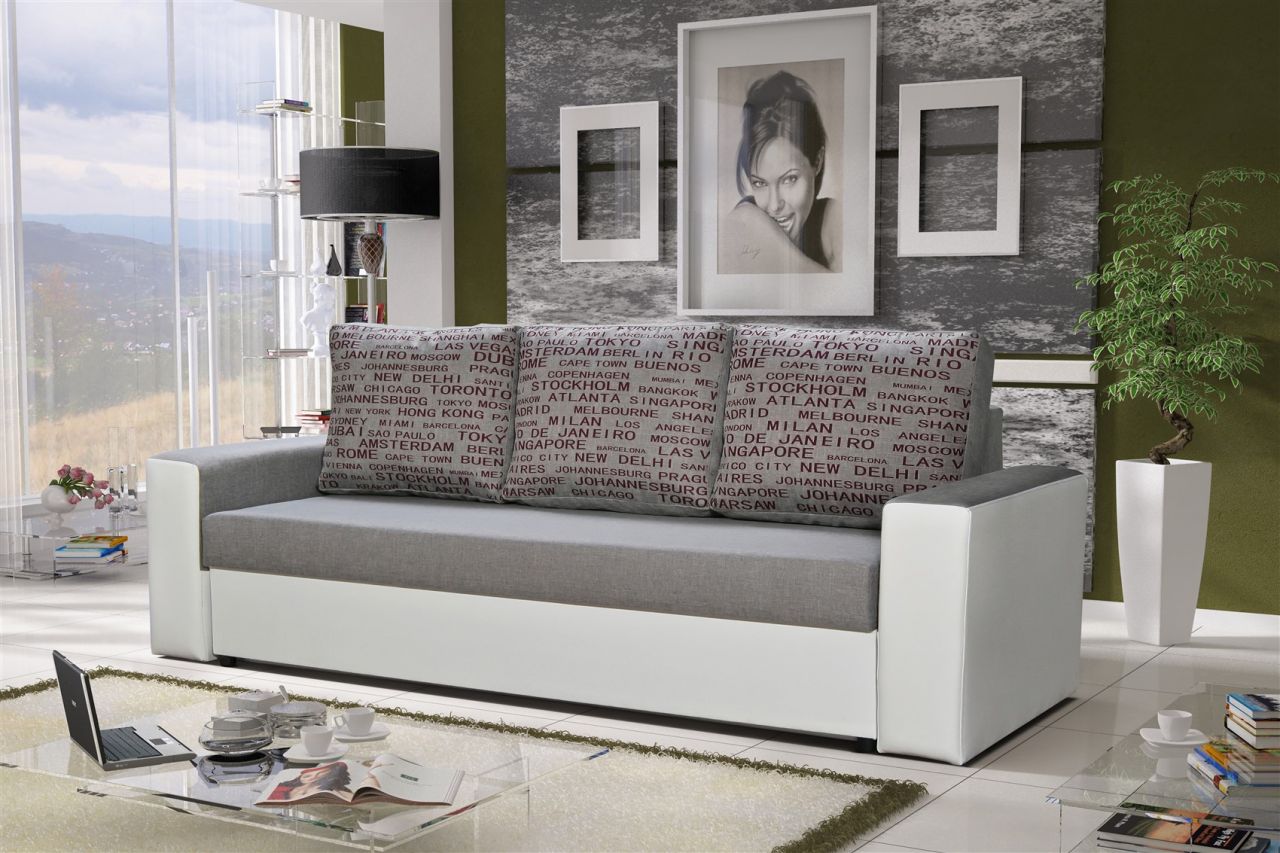 Sofa Designersofa LEEDS 3-Sitzer mit Schlaffunktion Weiss /Hellgrau