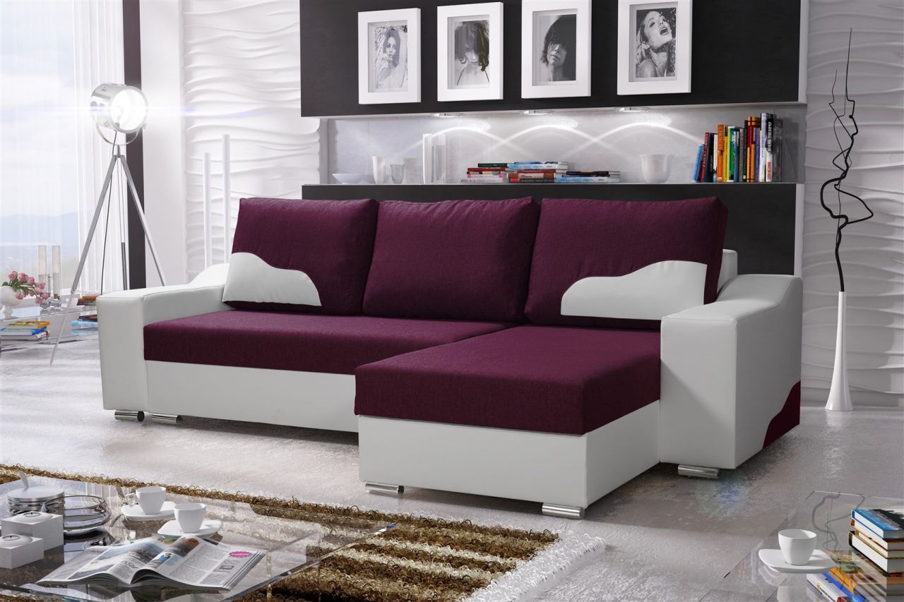 Ecksofa Sofa COLLIN mit Schlaffunktion Weiss / Violett Ottomane Rechts