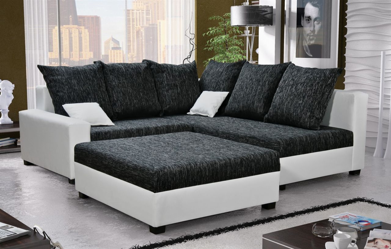Ecksofa Sofa NINA inkl.Hocker Weiss / Schwarz Ottomane Rechts