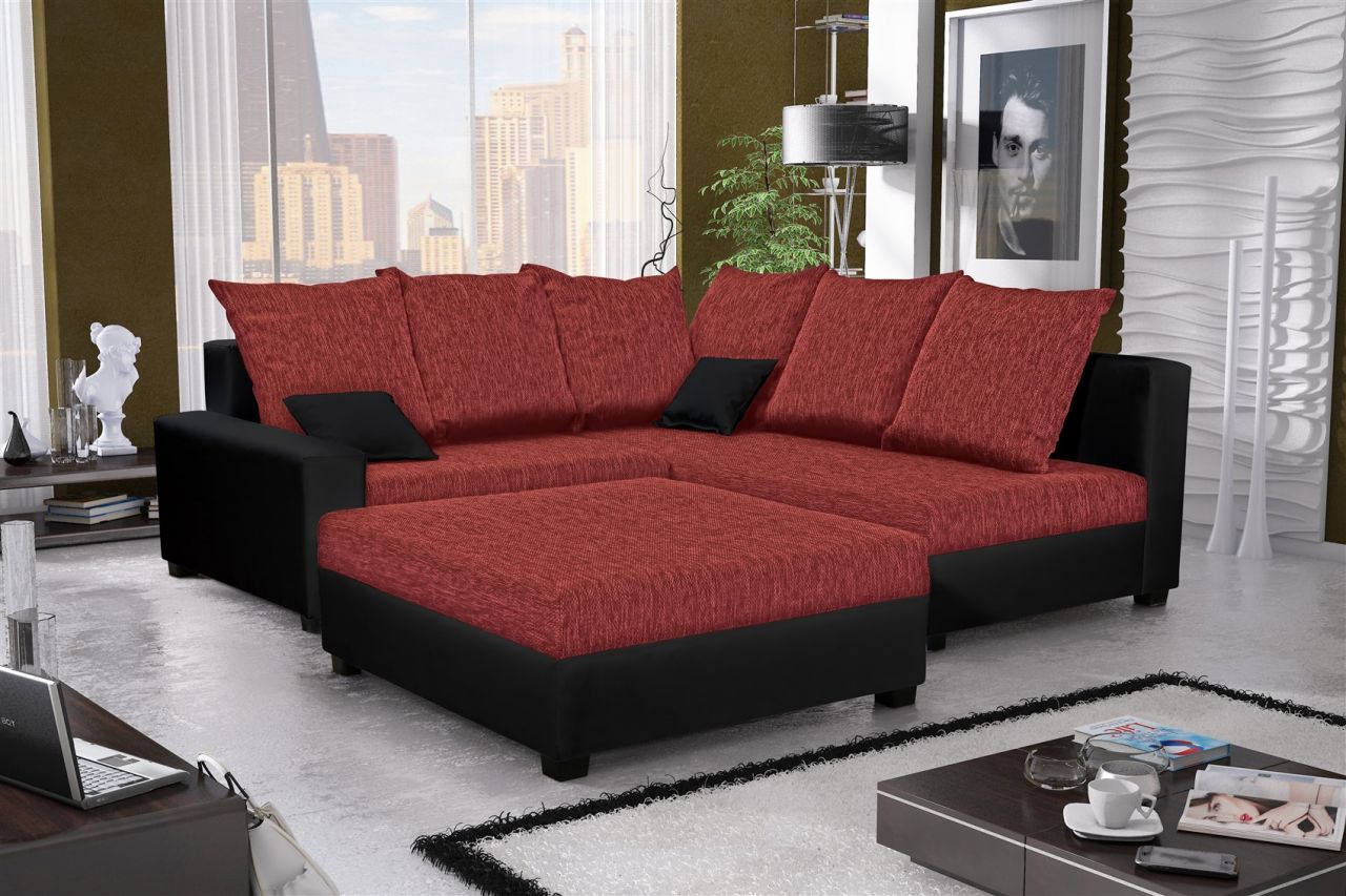 Ecksofa Sofa NINA inkl.Hocker Schwarz / Weinrot Ottomane Rechts