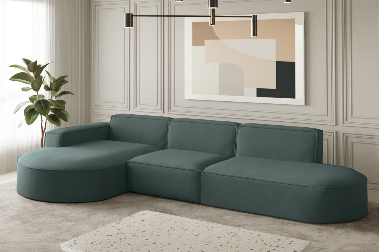 Ecksofa Designersofa PALMA in Stoff Opera Velvet Opalgrün Ottomane Links