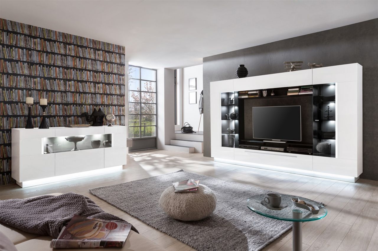 Mediawand Wohnwand - CITY - Hochglanz Weiss/ Melamin Schwarz inkl.LED