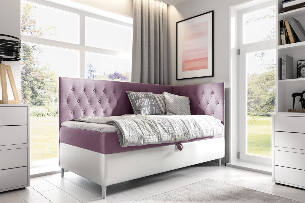 Boxspringbett Gästebett Kinderbett FINJA Nr.3 100x200cm Weiss-Rosa Seite Rechts