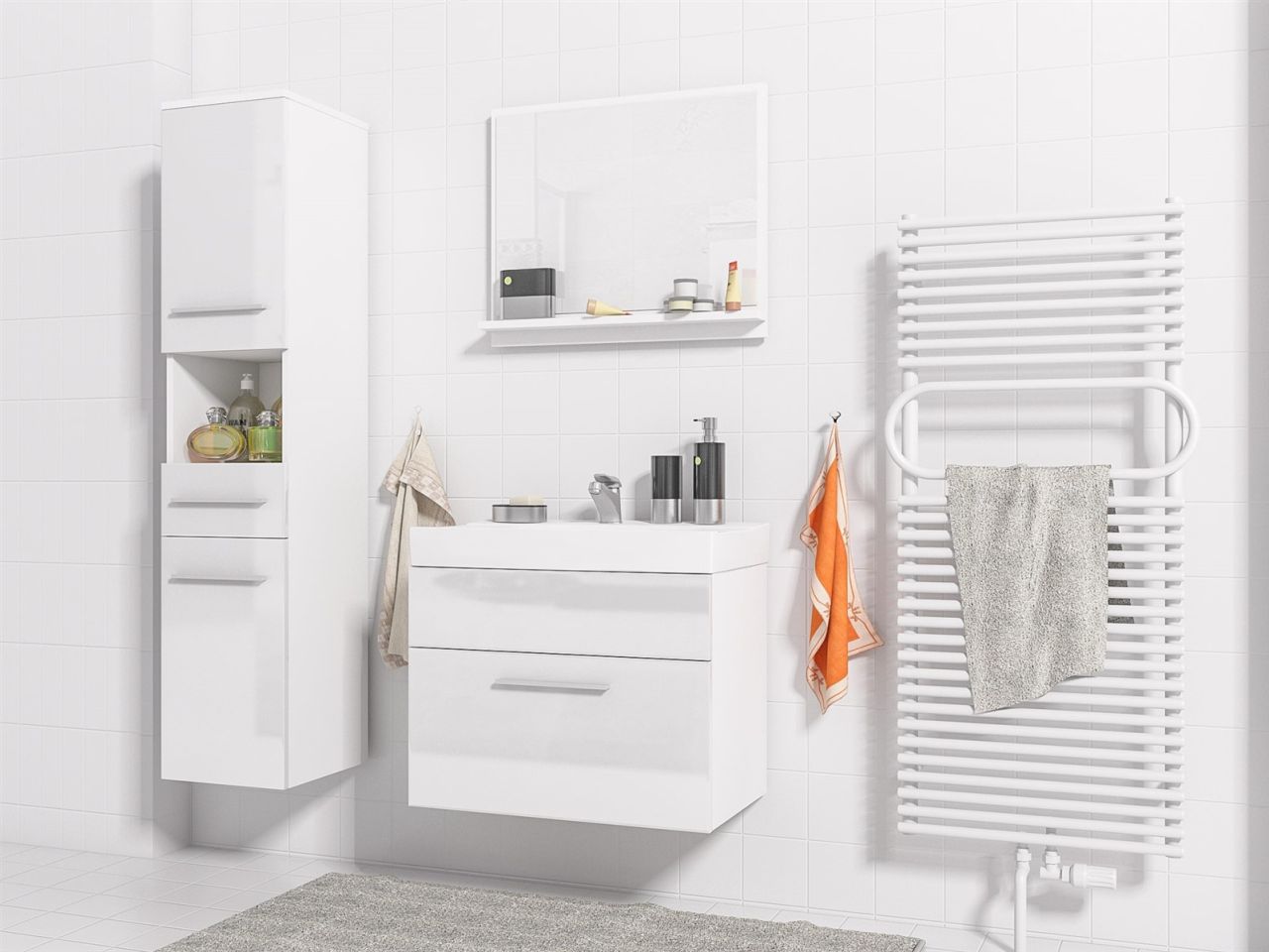Badmöbel Set 4-Tlg Weiss Hochglanz LUCY inkl.Waschtisch