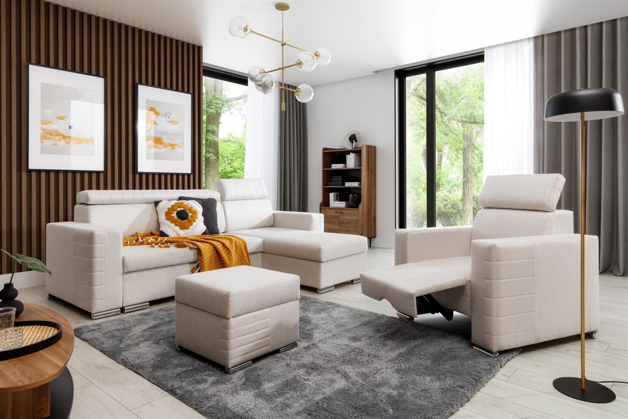 Ecksofa inkl. Hocker und Sessel CANTON Stoff Liverpool Pearl Ottomane Rechts