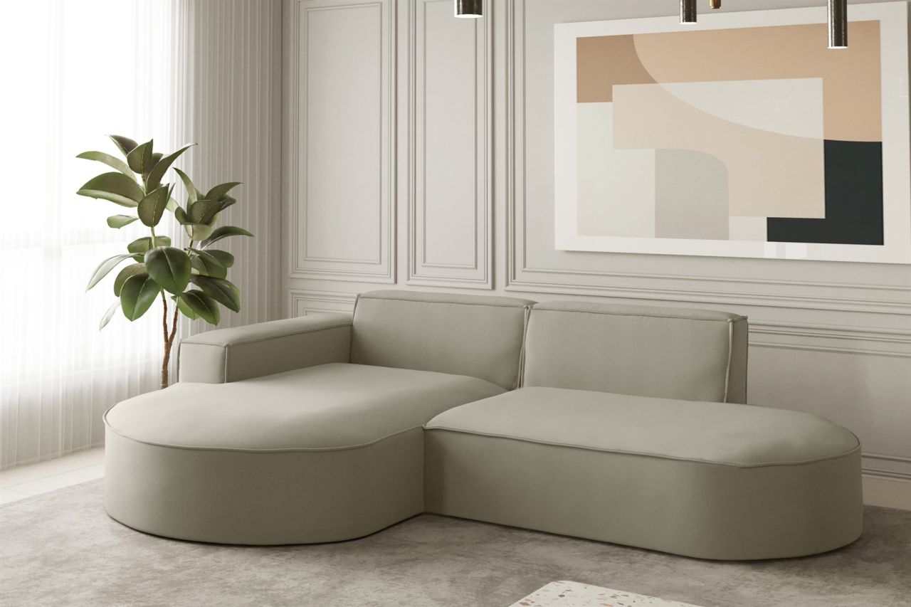 Ecksofa Designersofa PALMA XS in Stoff Opera Velvet Pearl Ottomane Links