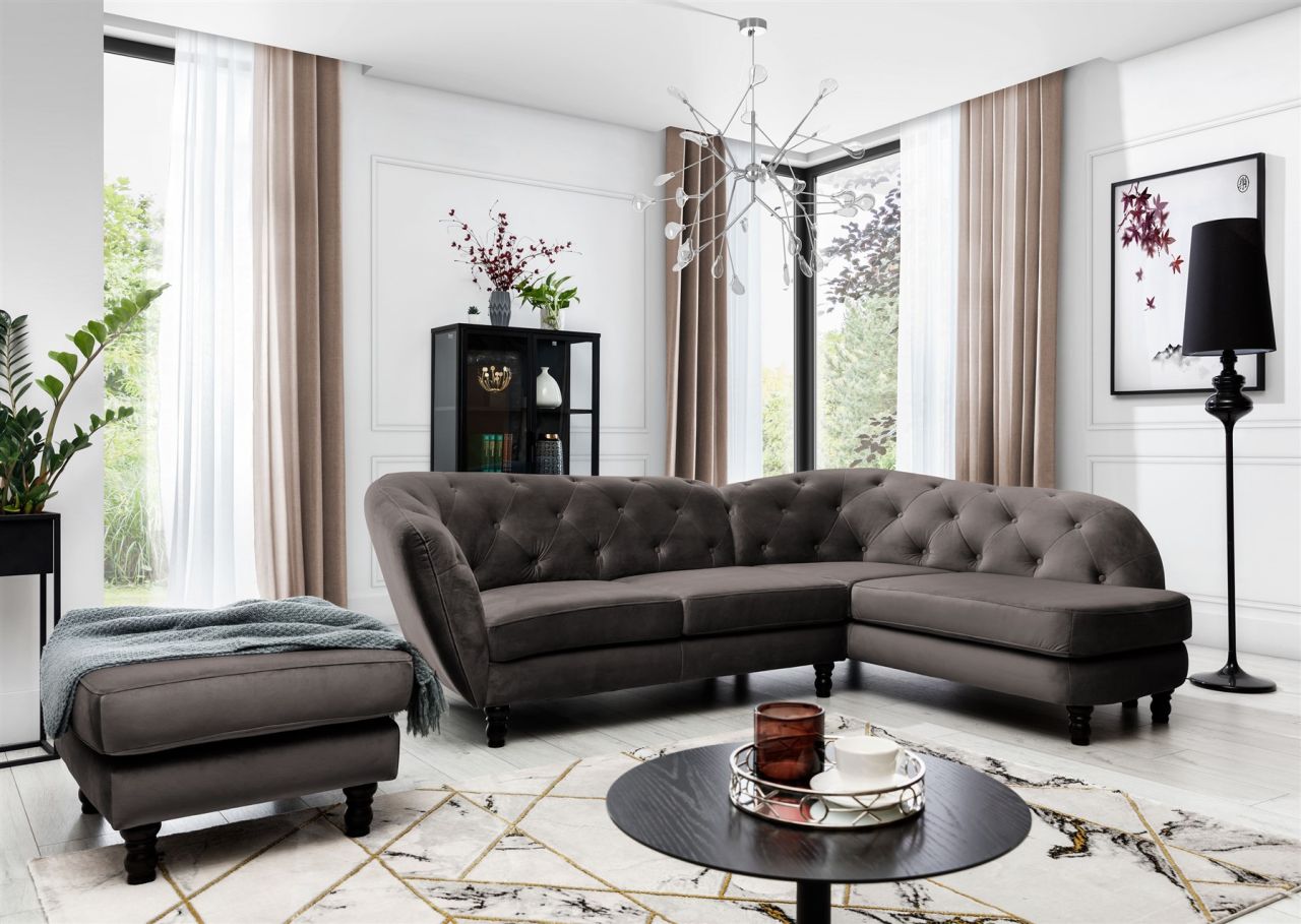 Ecksofa inkl.Hocker CHARLOTTE in Stoff Matt Velvet Braun Ottomane Rechts