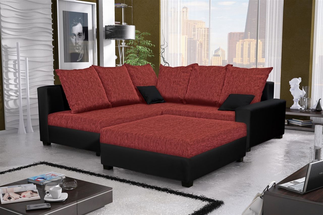 Ecksofa Sofa NINA inkl.Hocker Schwarz / Weinrot Ottomane Links