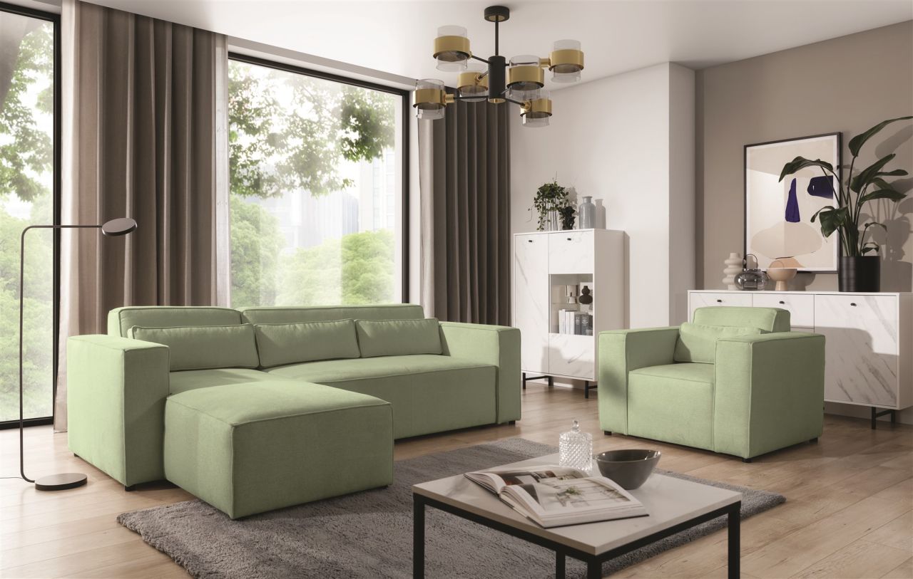Ecksofa Schlafsofa inkl. Sessel WALDO Stoff Brooklyn Hellgrün Ottomane Links