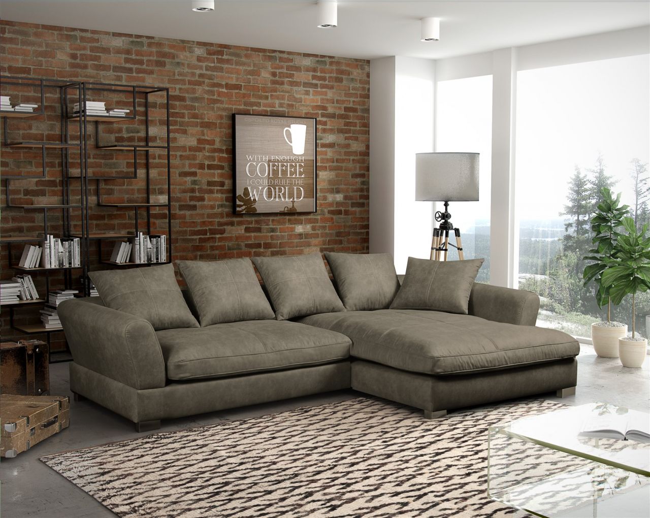 Couchgarnitur TIZIAN L-Form in Wildlederoptik-Grau / Ottomane Rechts