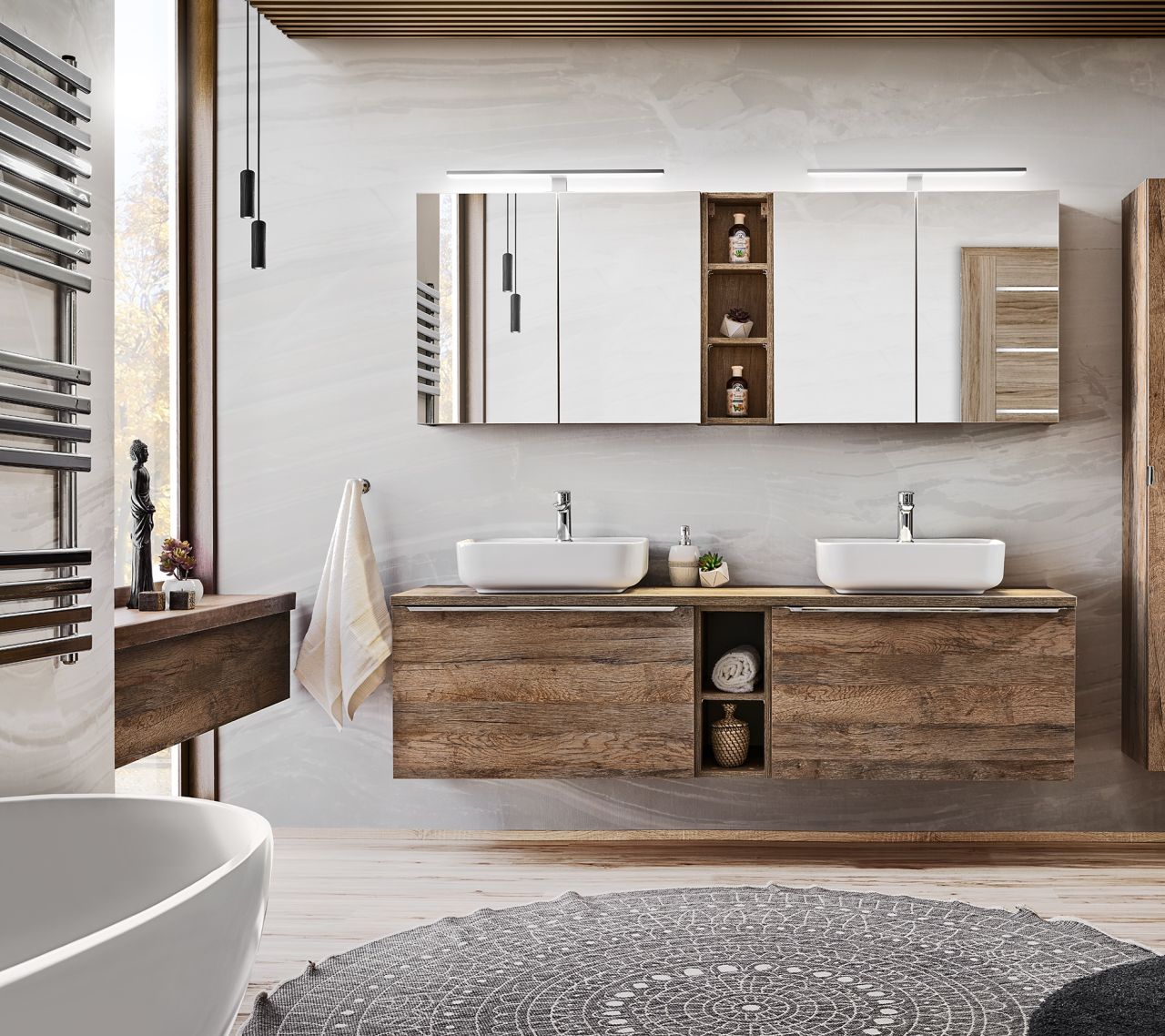 Badmöbel Set 6-tlg Badezimmerset AKAN Vintage Eiche Variante C ohne Waschtisch