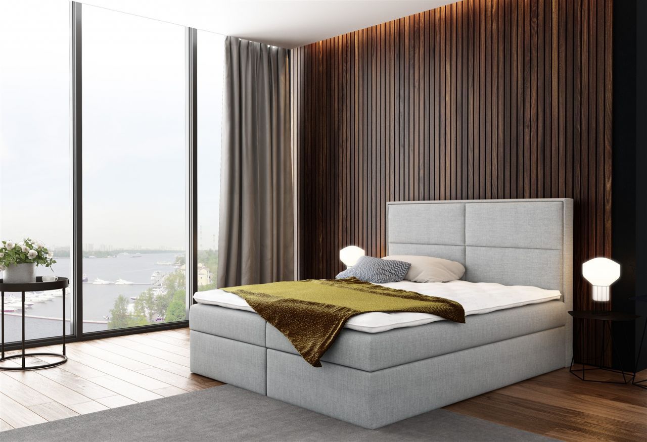 Boxspringbett Bett DERBI Stoff Hellgrau 140x200cm inkl.Bettkasten