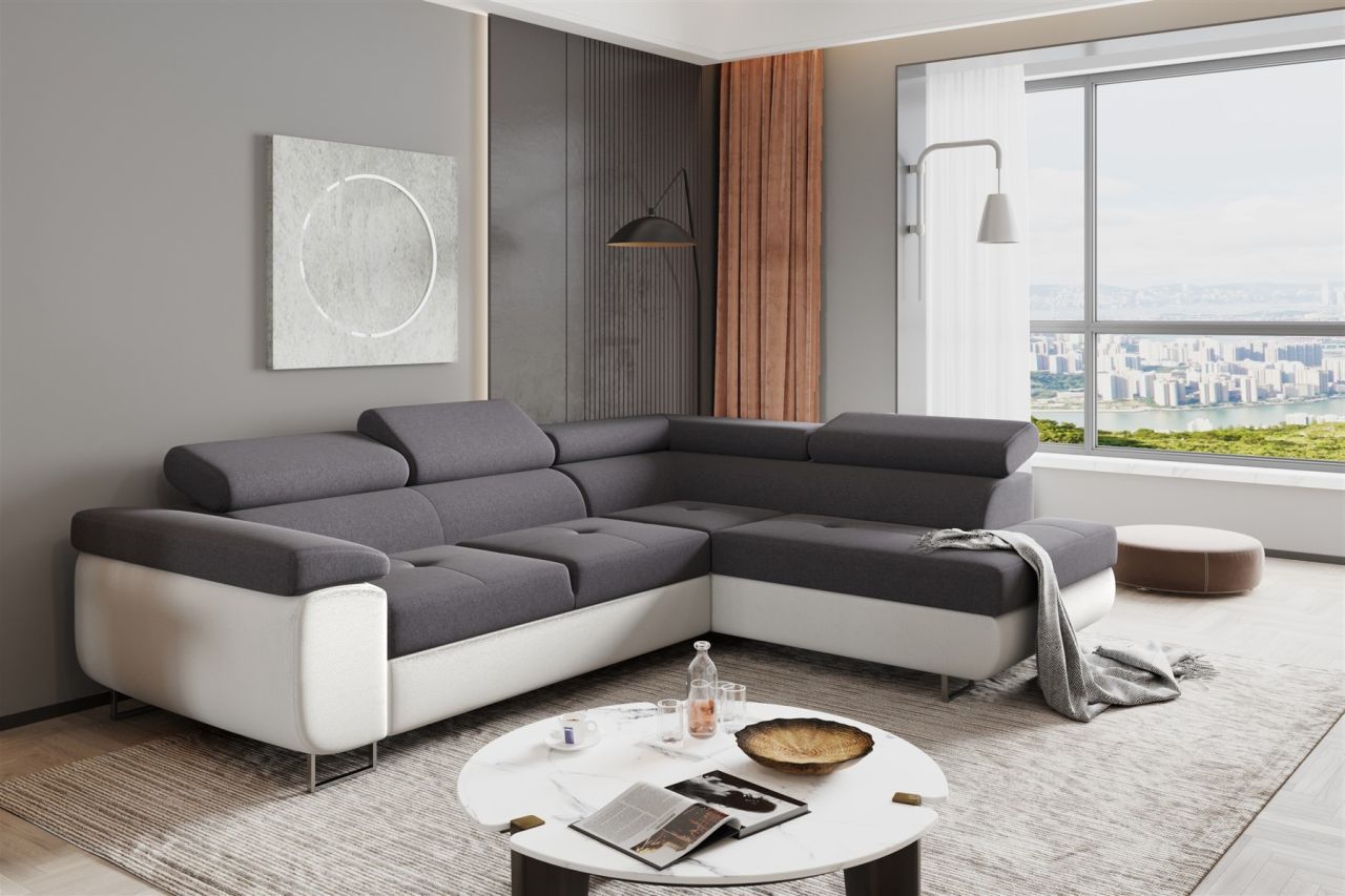 Couchgarnitur JADE Weiss-Dunkelgrau mit Schlaffunktion Ottomane Rechts