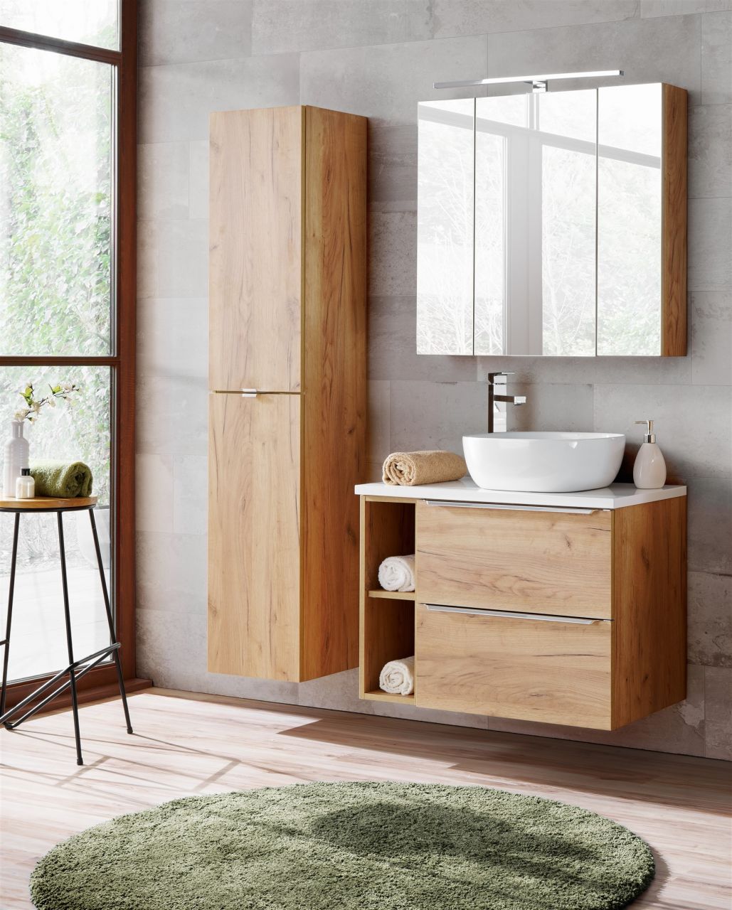 Badmöbel Set 6-tlg Badezimmerset PERUGIA Gold Eiche inkl. Waschbecken