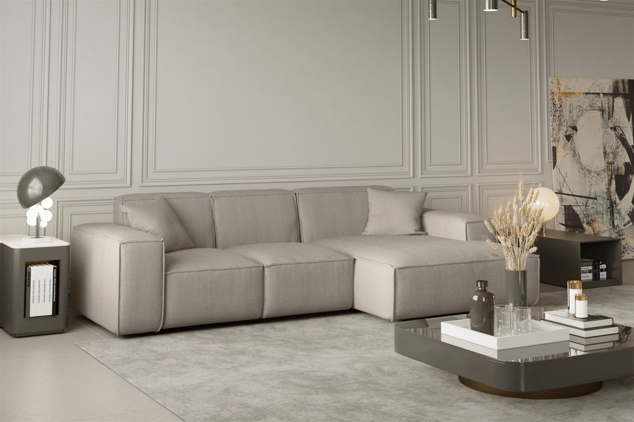 Ecksofa Designersofa CELES in Stoff Scala Beige Ottomane Rechts