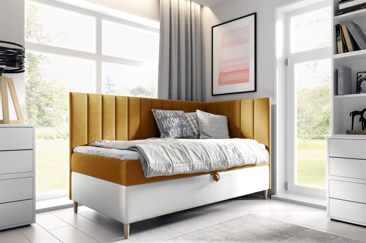 Boxspringbett Gästebett Kinderbett HELVI Nr.3 80x200cm Weiss-Gelb Seite Rechts