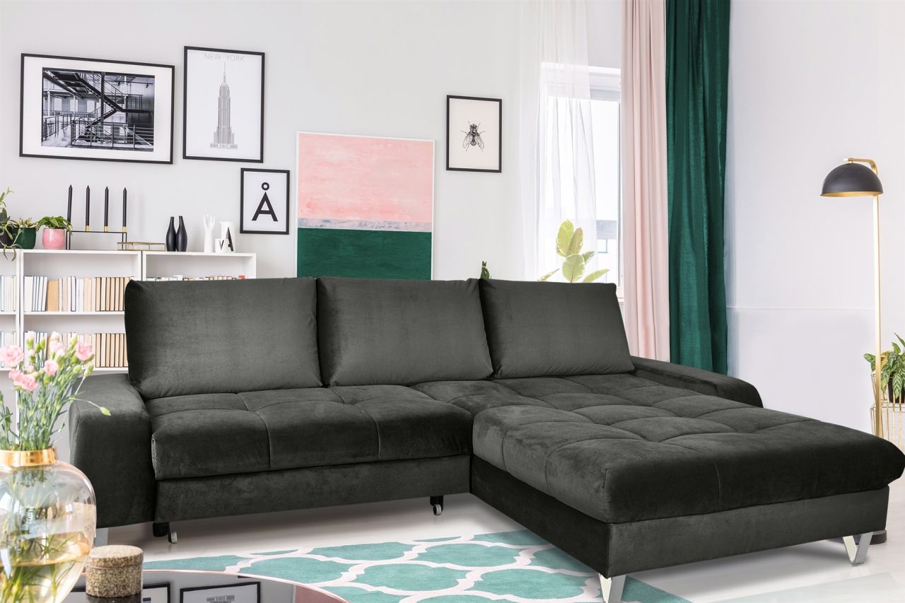 Couchgarnitur MAXIME Anthrazit mit Schlaffunktion Ottomane Rechts
