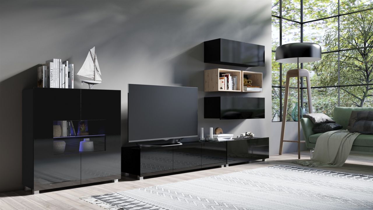 Mediawand Wohnwand 7 tlg - KAVOS 12 - Schwarz Hochglanz inkl.LED