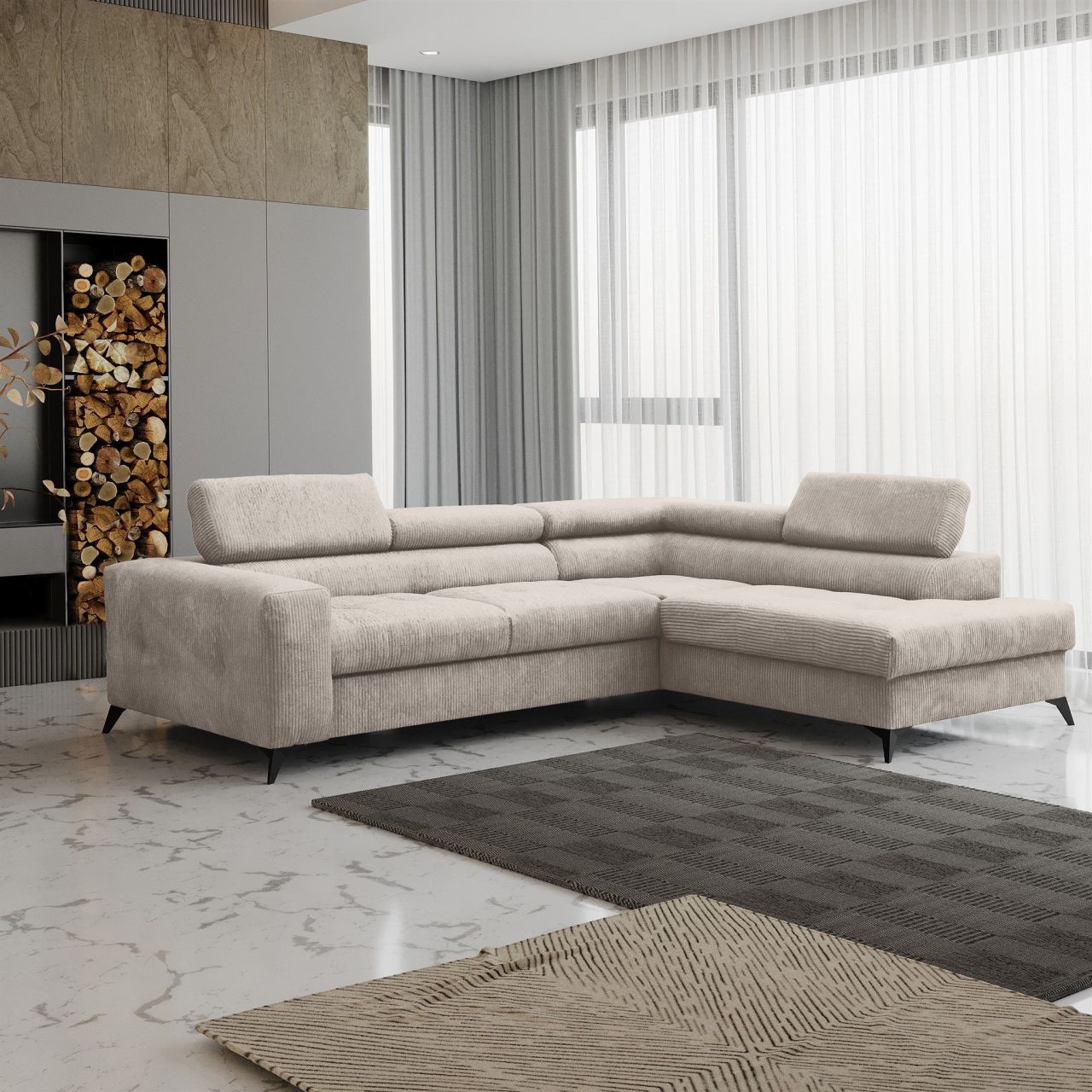 Ecksofa Schlafsofa AMADEO Stoff Anafi Creme Ottomane Rechts