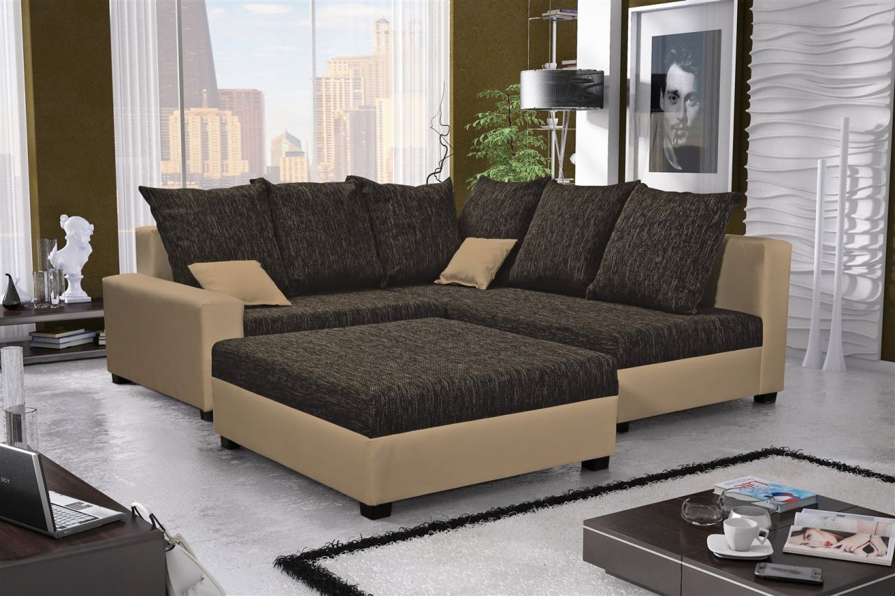 Ecksofa Sofa NINA inkl.Hocker Beige / Dunkelbraun Ottomane Rechts